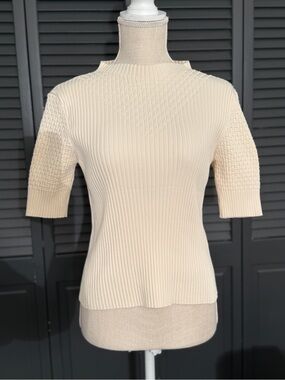 Ipekyol Cream Ribbed Knit Short Sleeve Top Chevron Textured Mock Neck Size XS